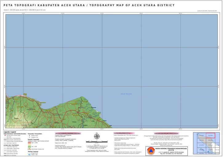 Cuplikan layar peta : PETA TOPOGRAFI KABUPATEN ACEH UTARA / TOPOGRAPHY MAP OF ACEH UTARA DISTRICT(250K)