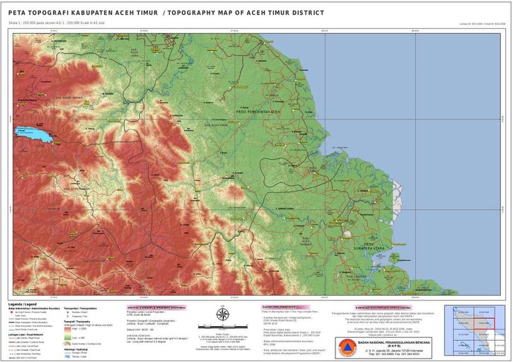 Cuplikan layar peta : PETA TOPOGRAFI KABUPATEN ACEH TIMUR / TOPOGRAPHY MAP OF ACEH TIMUR DISTRICT(250K)