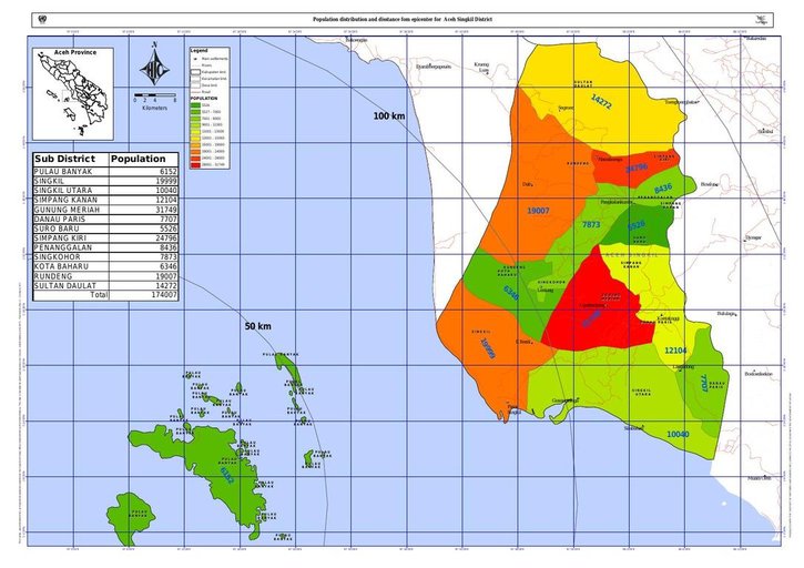 Cuplikan layar peta : Population Distribution And Disstance Fom Epicenter For Aceh Singkil District
