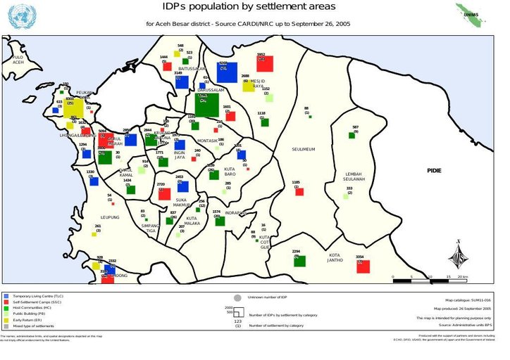 Cuplikan layar peta : Idps Population By Settlement Areas For Aceh Besar District - Source CARDI/NRC Up To September 26, 2005