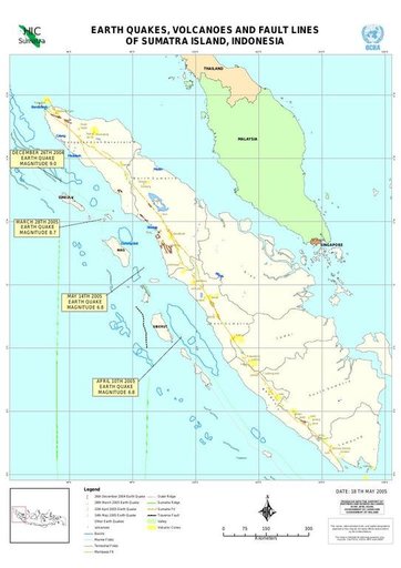 Cuplikan layar peta : Earthquake, Vulcanoes And Fault Lines Of Sumatra Island, Indonesia 