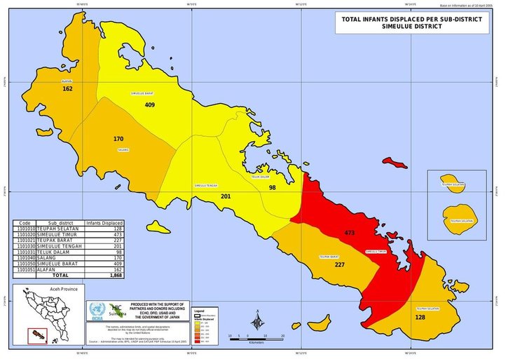 Cuplikan layar peta : Total Infants Displaced Simeulue by Sub District