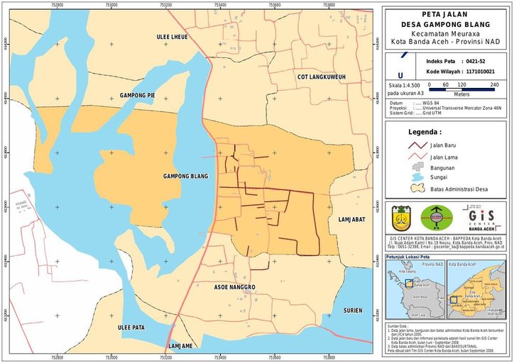 Cuplikan layar peta : PETA HASIL SURVEY JALAN DAN SARANA PARIWISATA DESA GAMPONG BLANG