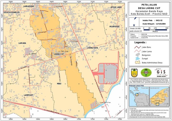 Cuplikan layar peta : PETA HASIL SURVEY JALAN DAN SARANA PARIWISATA DESA LHONG CUT